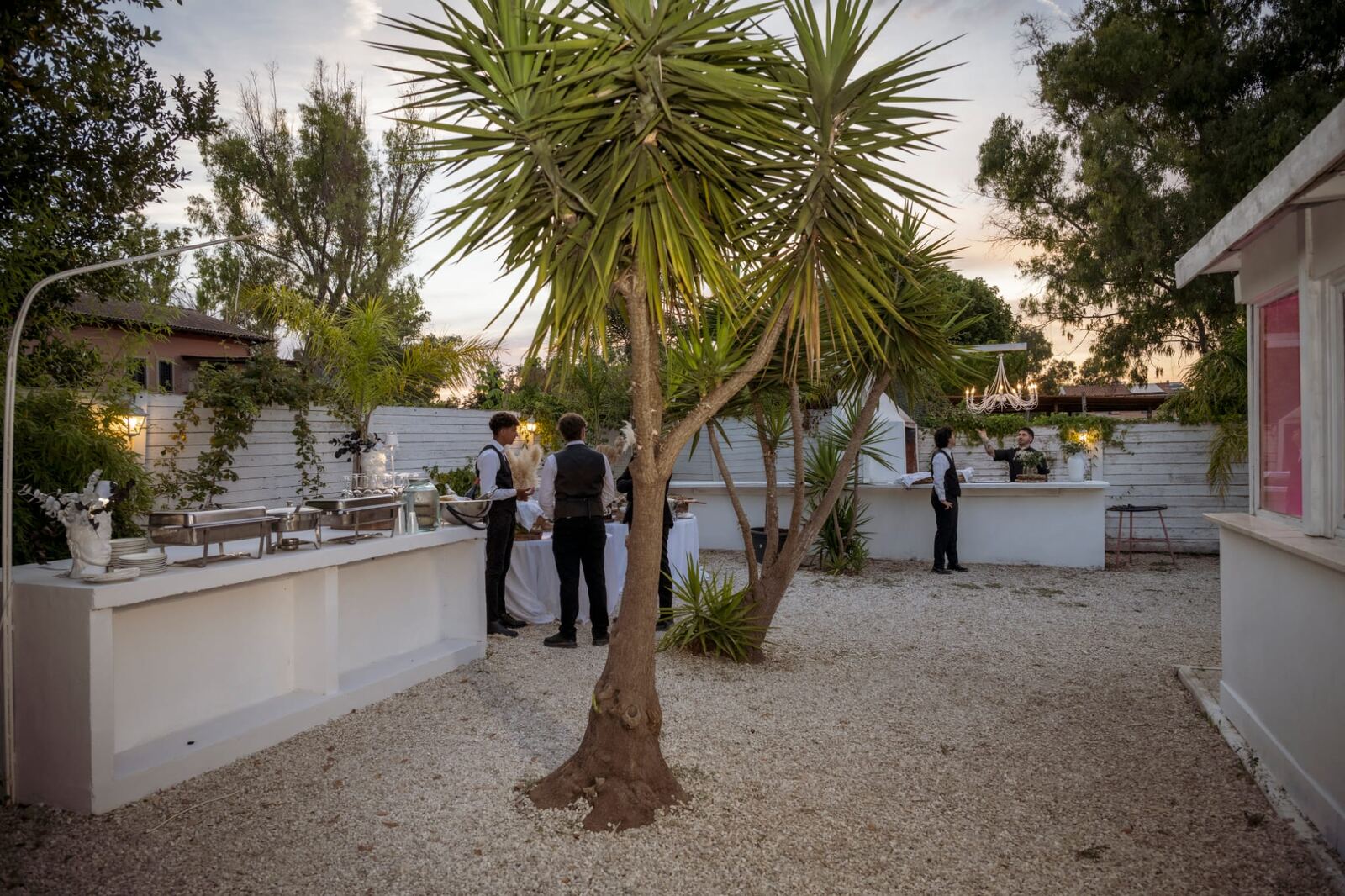 Bar all'aperto in giardino tra le palme, al tramonto