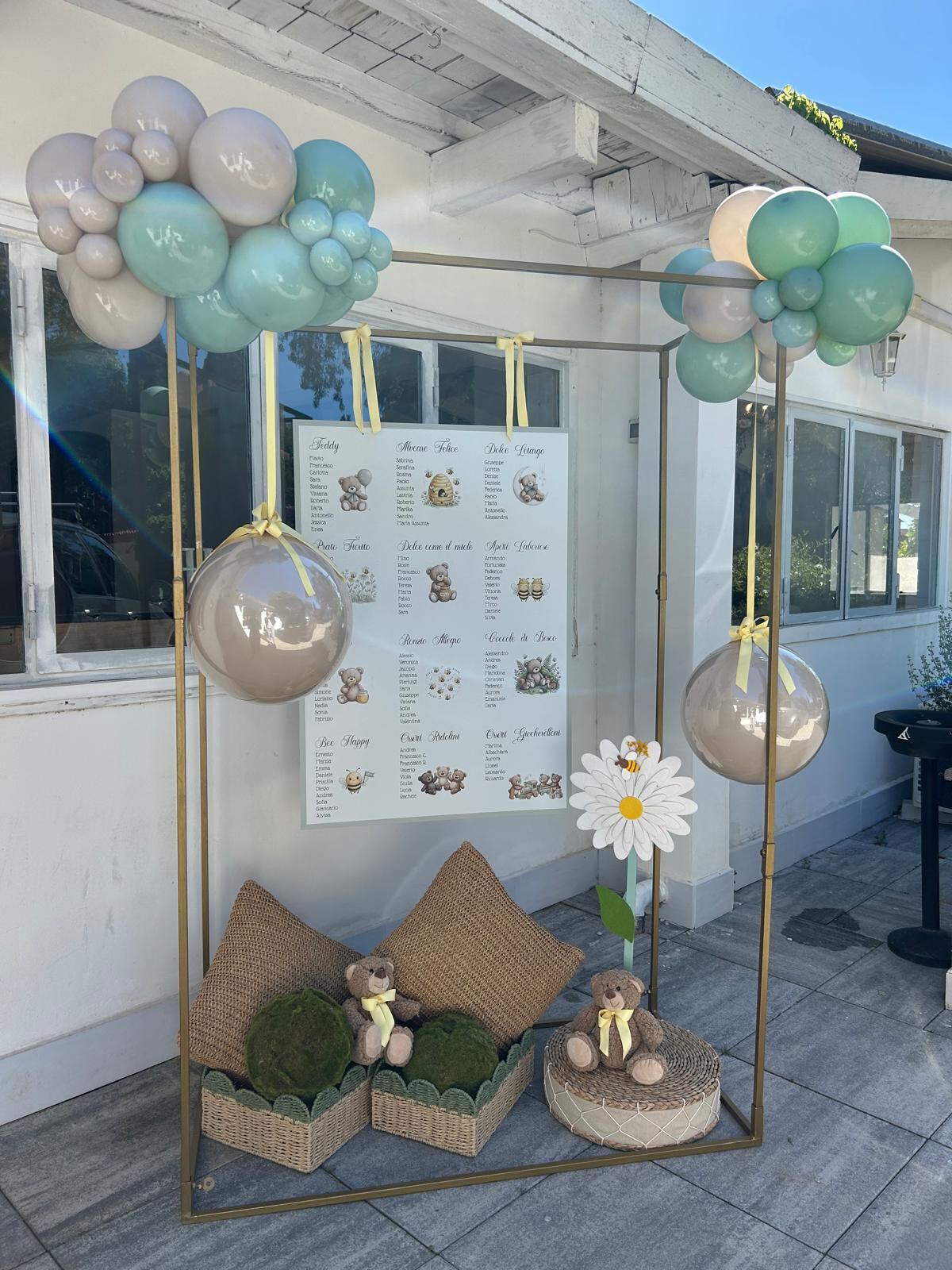 Photo backdrop con palloncini e tableau degli invitati